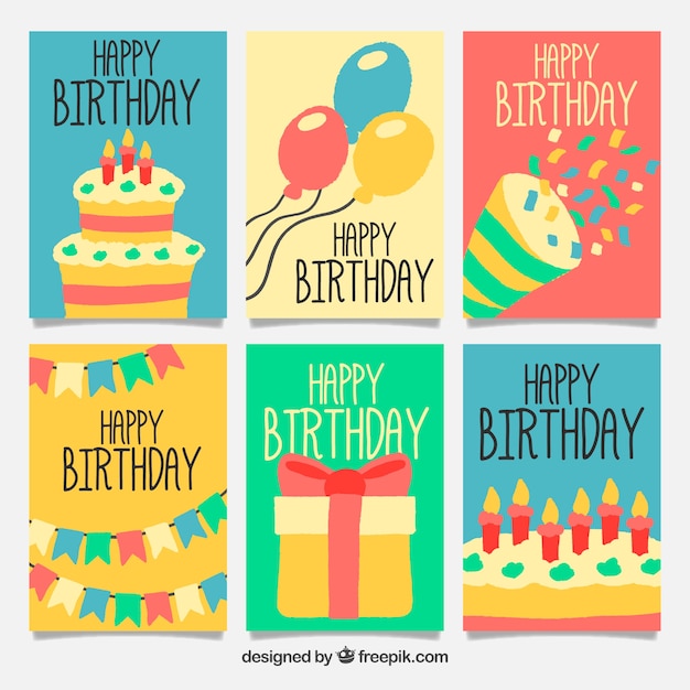 Colección dibujada a mano de seis tarjetas de cumpleaños