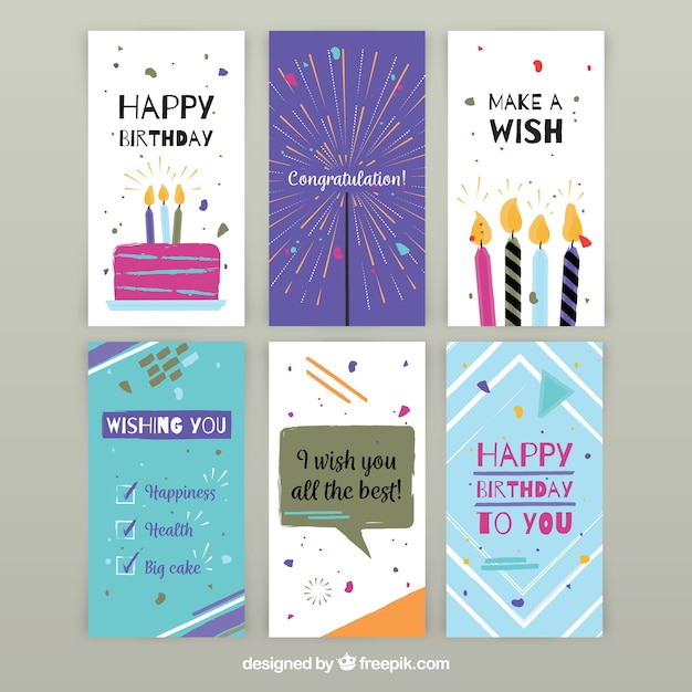 Vector gratuito colección dibujada a mano de seis tarjetas de cumpleaños