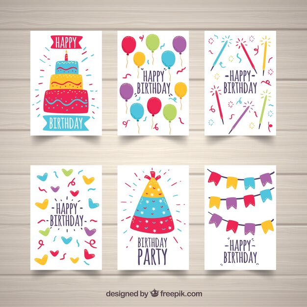 Colección dibujada a mano de seis tarjetas de cumpleaños