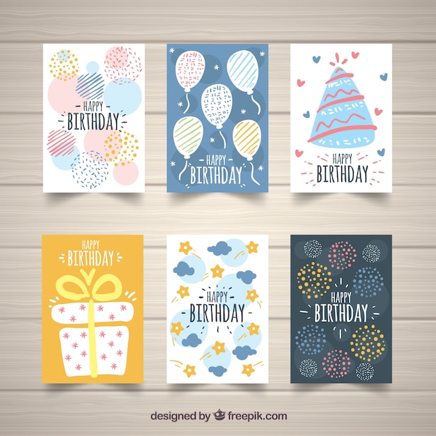 Colección dibujada a mano de seis tarjetas de cumpleaños