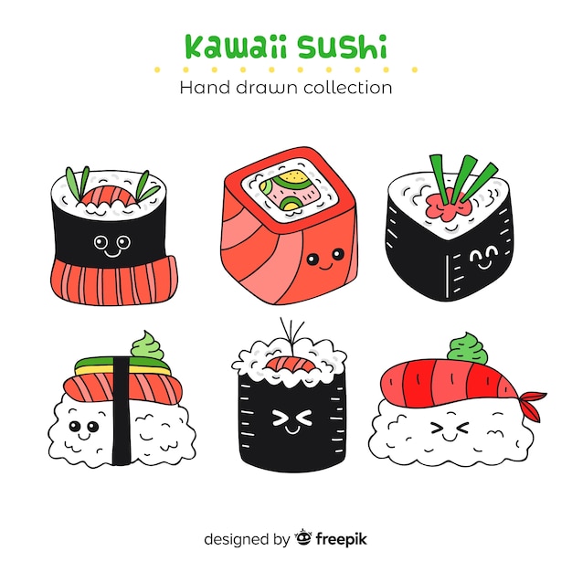 Vector gratuito colección dibujada a mano sushi kawaii