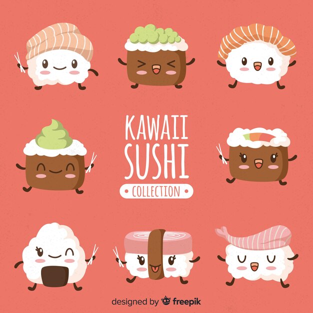 Colección dibujada a mano sushi kawaii