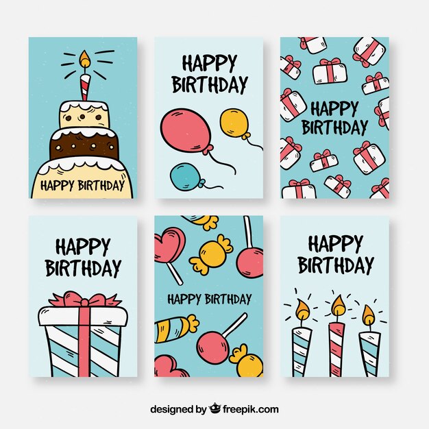 Colección dibujada a mano de tarjetas de cumpleaños