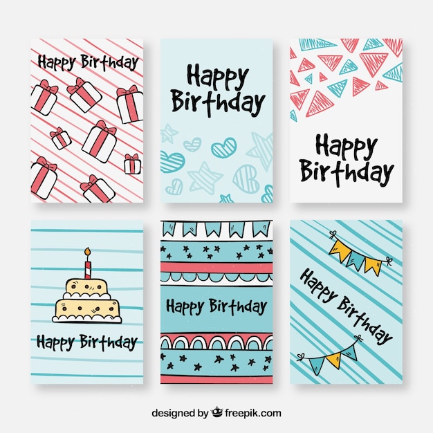 Colección dibujada a mano de tarjetas de cumpleaños
