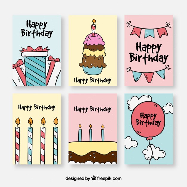 Colección dibujada a mano de tarjetas de cumpleaños