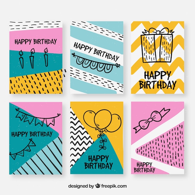 Colección dibujada a mano de tarjetas de cumpleaños