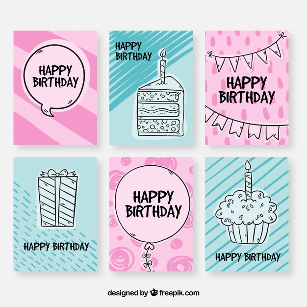 Colección dibujada a mano de tarjetas de cumpleaños