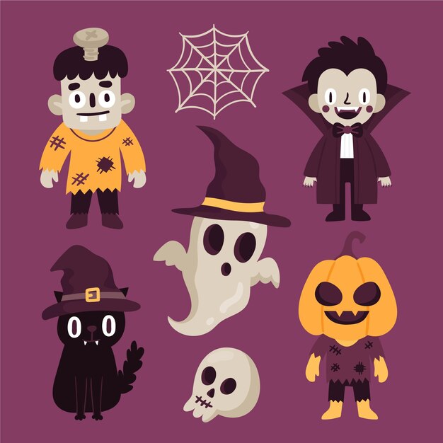 Colección dibujada de personajes de eventos de halloween