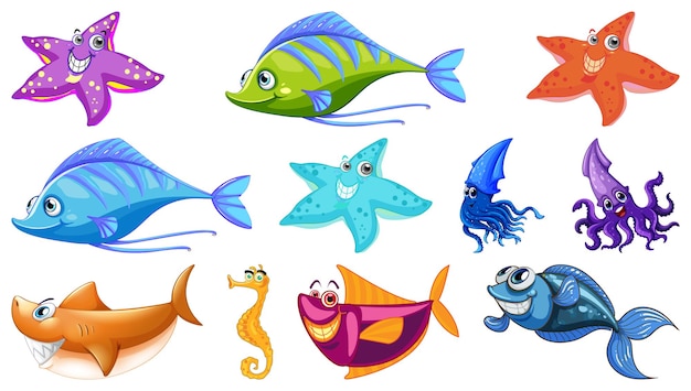 Vector gratuito colección de dibujos animados de animales marinos