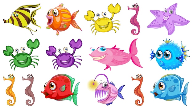 Vector gratuito colección de dibujos animados de animales marinos