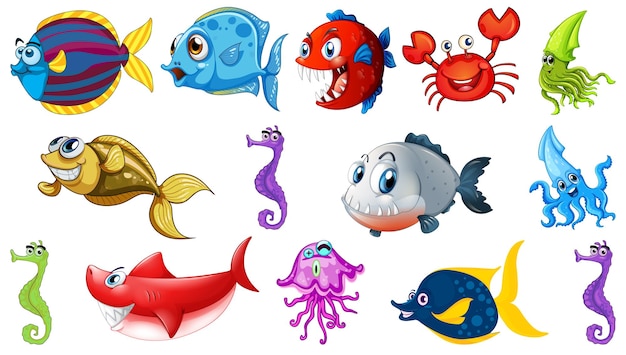 Vector gratuito colección de dibujos animados de animales marinos