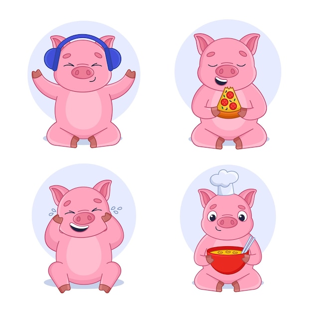 Vector gratuito colección de dibujos animados de cerdo comiendo pizza cocinando sopa riendo y escuchando música en los auriculares