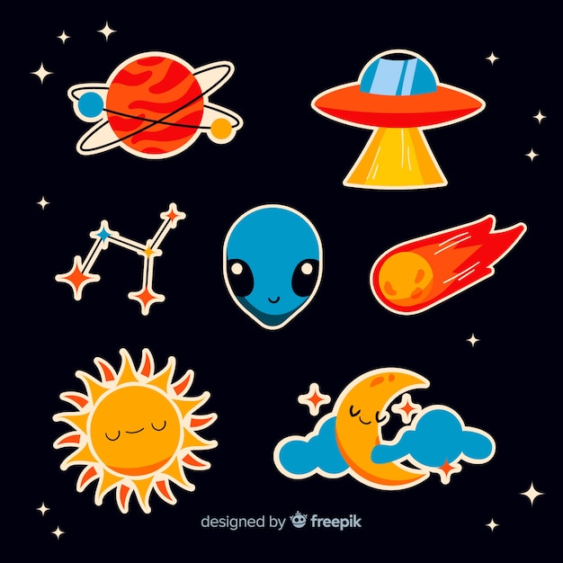 Colección de dibujos animados con pegatinas espaciales