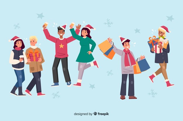 Colección de dibujos animados de personas celebrando la Navidad