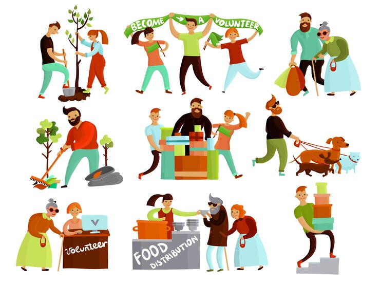 Vector gratuito colección de dibujos animados de situaciones de voluntariado.