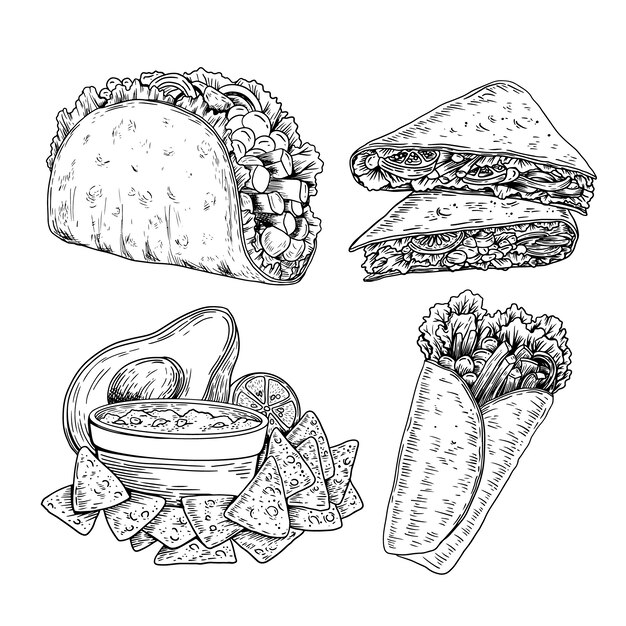 Colección de dibujos de comida mexicana dibujados a mano
