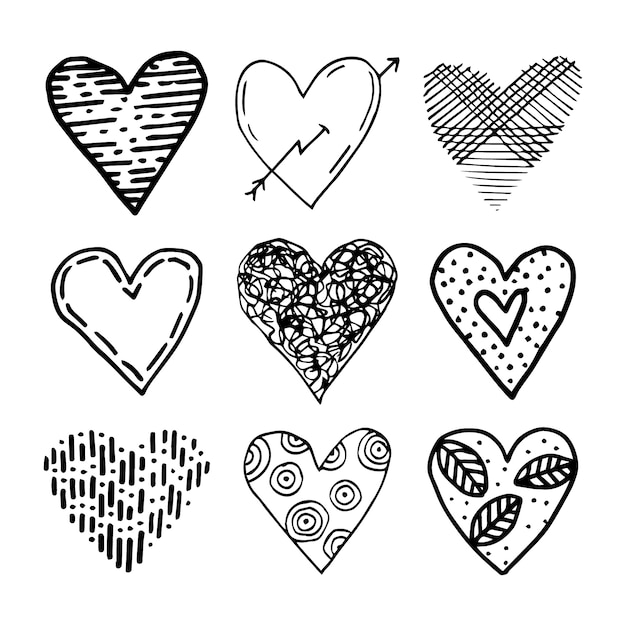 Colección de dibujos de corazones dibujados a mano de doodle