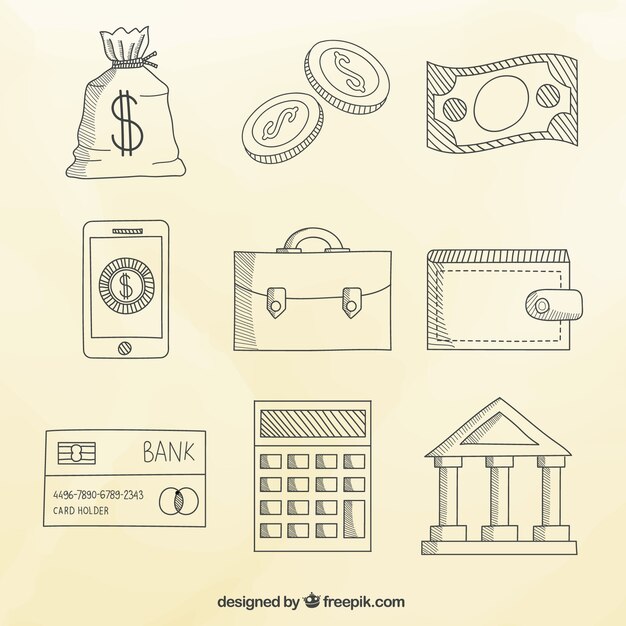 Colección de dibujos de objetos de dinero 