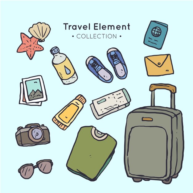 Colección de dibujos de objetos de viaje