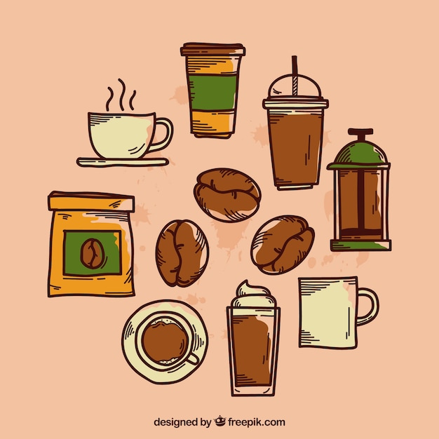 Colección de diferentes elementos de café dibujados a mano
