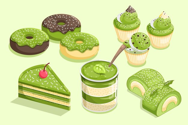 Colección de diferentes postres matcha