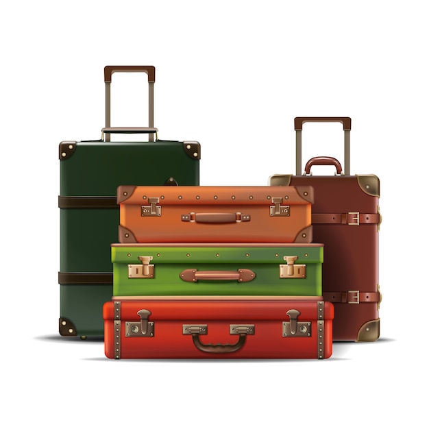 Colección de diferentes tamaños de equipaje de viaje retro estilo antiguo en cuero aislado sobre fondo blanco.