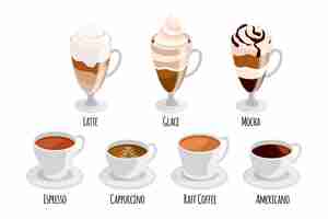 Vector gratuito colección de diferentes tipos de café