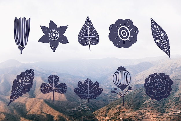 Vector gratuito colección de diseño de hojas y paisaje de montaña.