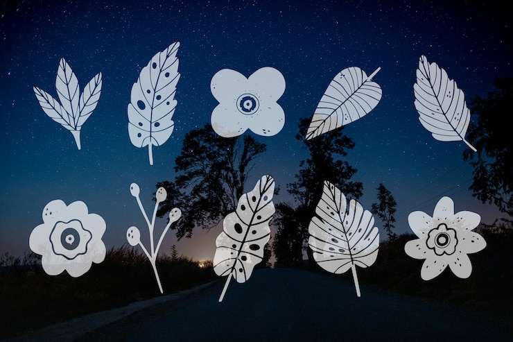 Vector gratuito colección de diseño de hojas y paisaje vial nocturno