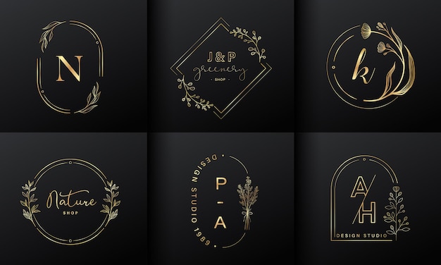 Colección de diseño de logotipos de lujo. Emblemas dorados con iniciales y decoración floral para logo de marca, identidad corporativa y diseño de monograma de boda.