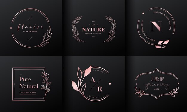 Colección de diseño de logotipos de lujo. Emblemas de oro rosa con iniciales y decoración floral para logotipo de marca, identidad corporativa y diseño de monograma de boda.