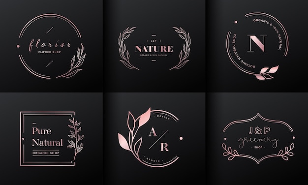 Colección de diseño de logotipos de lujo. Emblemas de oro rosa con iniciales y decoración floral para logotipo de marca, identidad corporativa y diseño de monograma de boda.