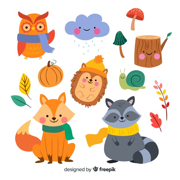 Colección de diseño plano de animales del bosque otoñal