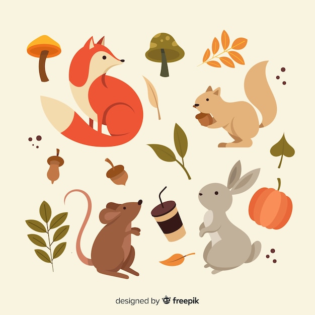 Vector gratuito colección de diseño plano de animales del bosque otoñal