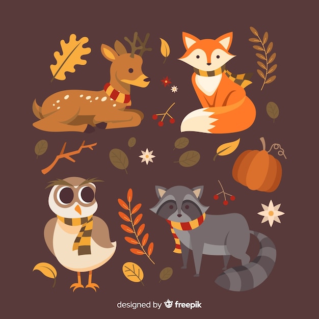 Colección de diseño plano de animales del bosque otoñal