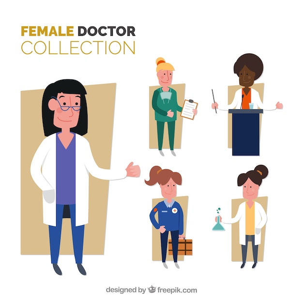 Vector gratuito colección con diseño plano de doctoras sonrientes