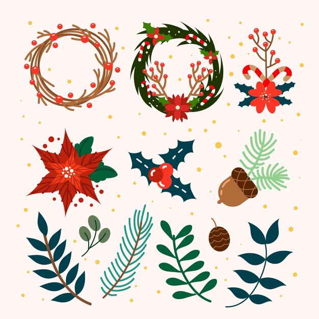 Colección de diseño plano de flores y coronas navideñas