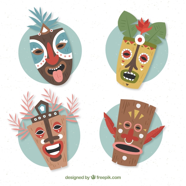 Colección con diseño plano de máscaras tiki