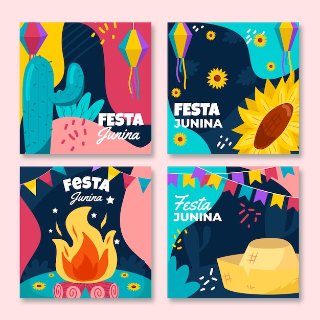 Vector gratuito colección de diseño plano de tarjetas festa junina