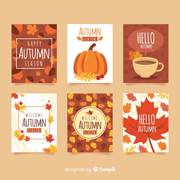 Colección de diseño plano de tarjetas de otoño