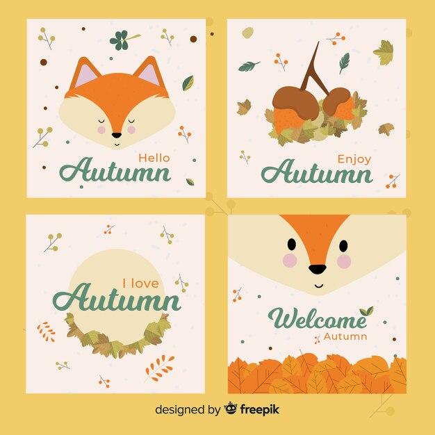 Colección de diseño plano de tarjetas de otoño