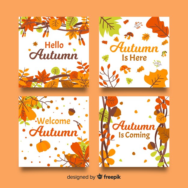 Colección de diseño plano de tarjetas de otoño