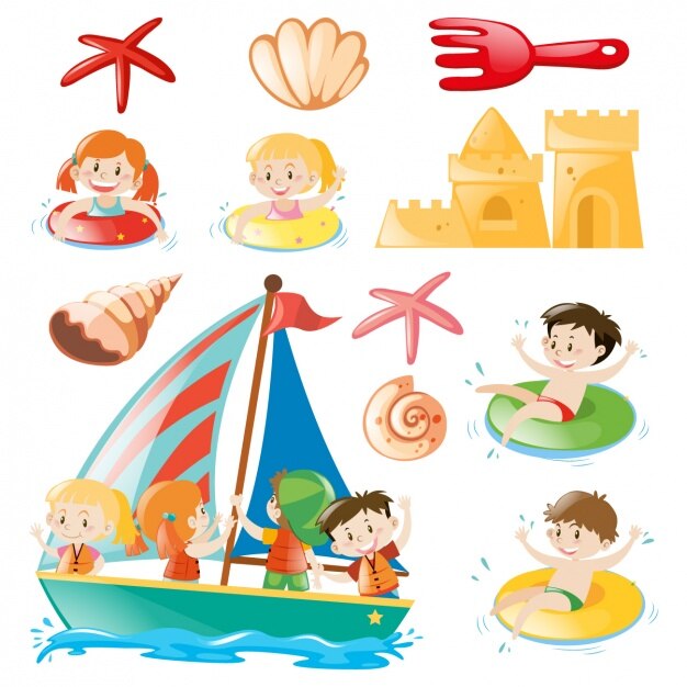 Colección de diseños de niños en la playa