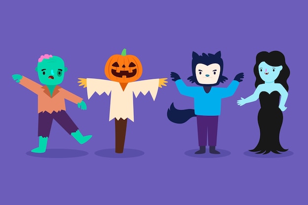 Vector gratuito colección de disfraces de personajes de halloween feliz