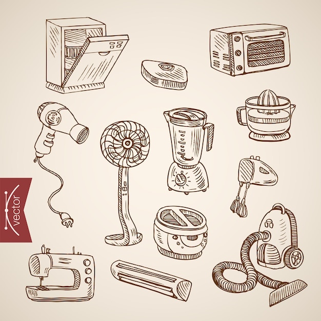 Colección de dispositivos de electrodomésticos de cocina dibujados a mano vintage de grabado. vector gratuito