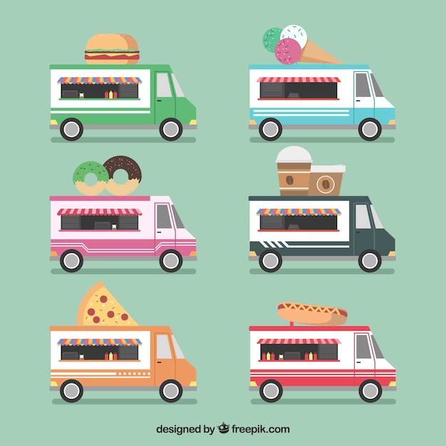 Vector gratuito colección divertida con food trucks planas