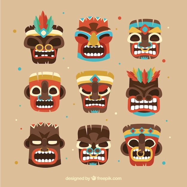 Vector gratuito colección divertida de máscaras tiki sonrientes