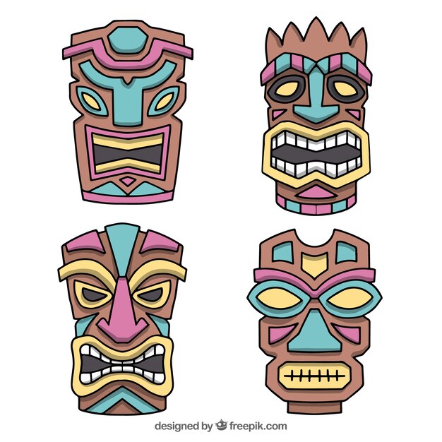 Colección divertida de máscaras tiki tribales y coloridas