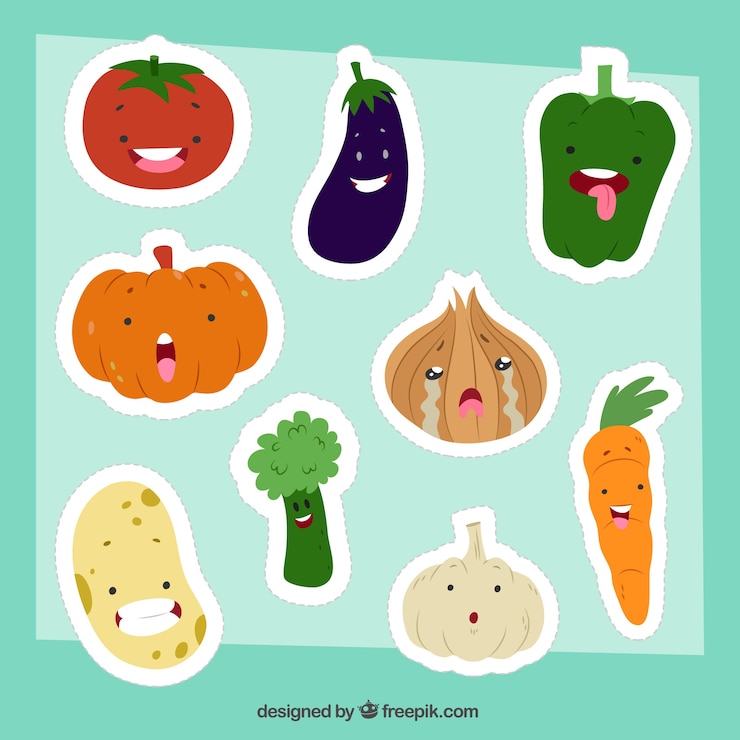 Vector gratuito colección divertida de pegatinas de comida sana