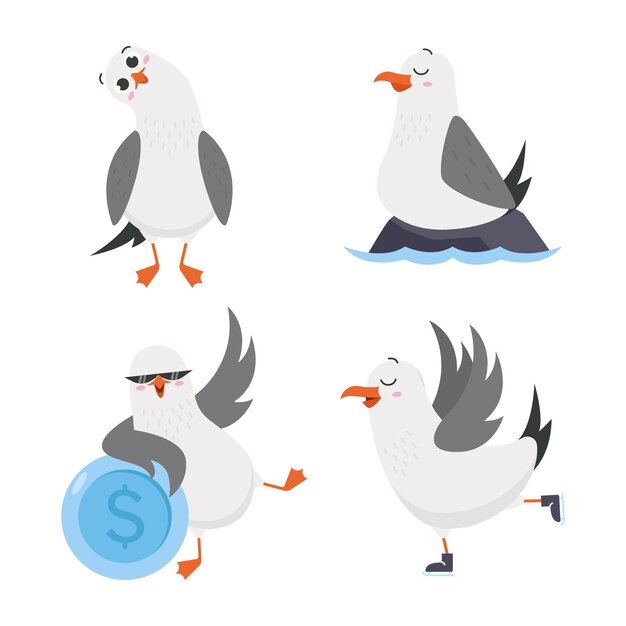 Colección de divertidos personajes de gaviotas de dibujos animados patinando sobre hielo, posados en una roca, apoyados en una moneda de un dólar